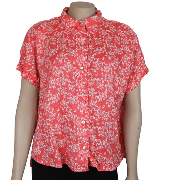 Rachel Zoe Red Floral Button-Up Short Sleeve Linen Shirt, Small - Picture 1 of 5